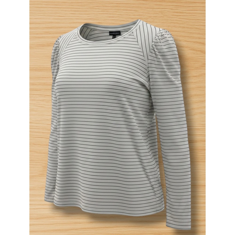 Modern Works Striped Puff Shoulder Rayon Blend Long Sleeve Top Large